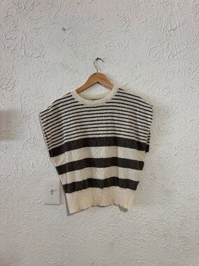 Miou Muse Cream Brown Striped Sweater Vest Size Medium Soft Knit Casual Boho